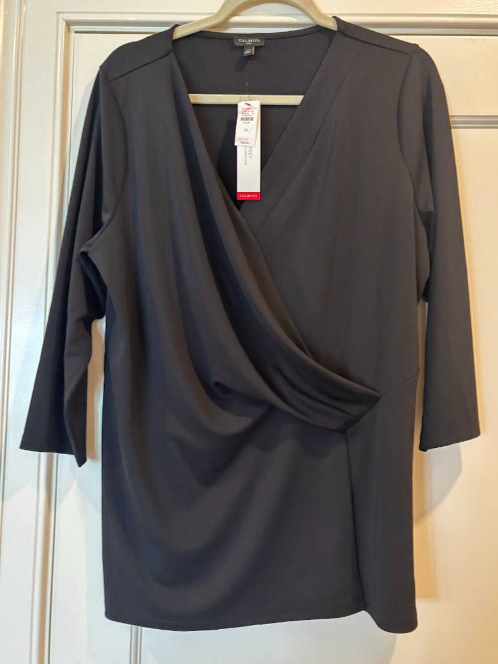 NWT. Talbots Knit Jersey Faux Wrap Black Top. Size 1X/Plus.